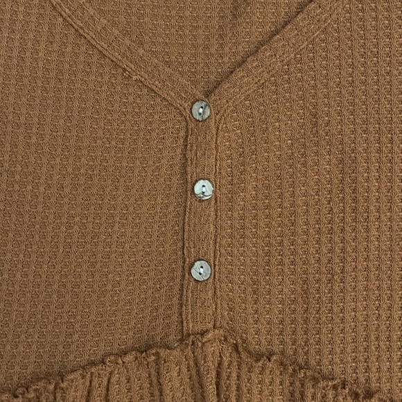 PINKMSTYLE mustard orange V Neck Waffle Long Sleeve Shirt Button Front Size M - Picture 3 of 9